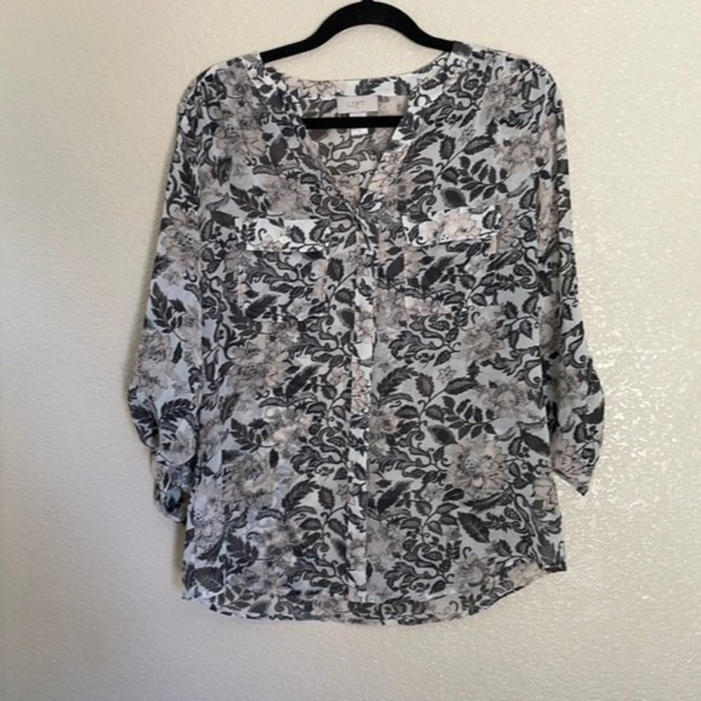 LOFT Pink and Black Floral Print tie up Sleeve Top/Blouse Medium